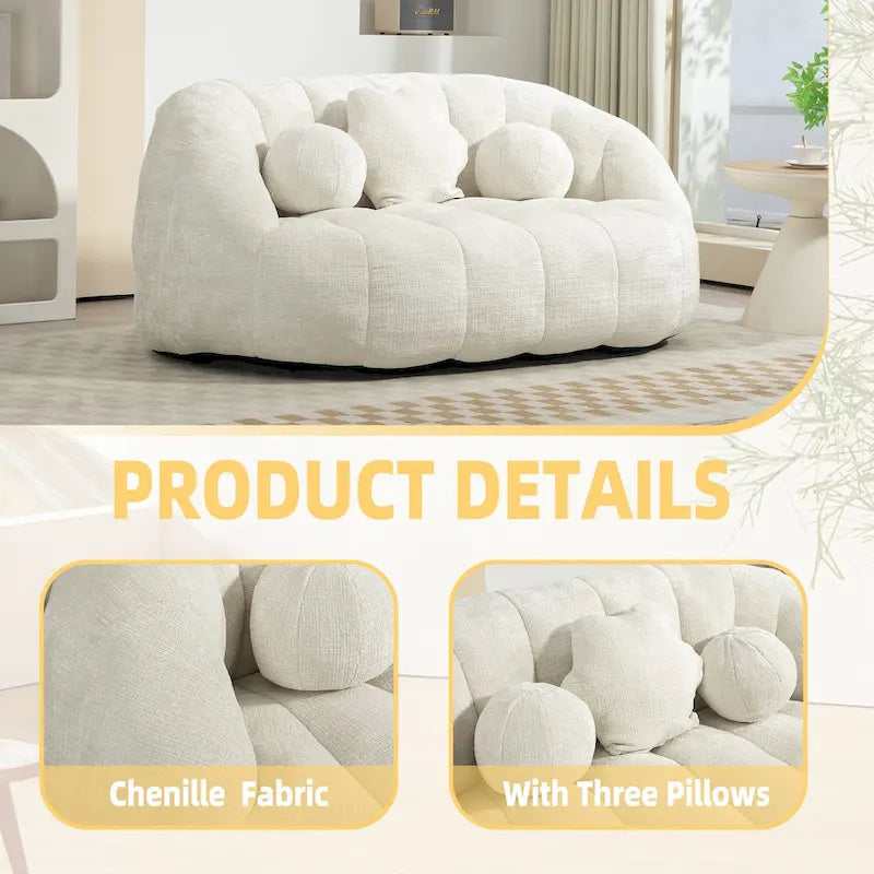63.78" Chenille Upholstered Lounge Chair with High Density Foam – White