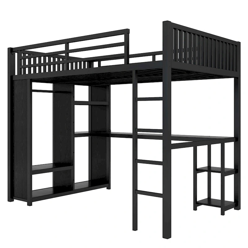 Full XL Size Loft Bed Frame with Built-in Wardrobe