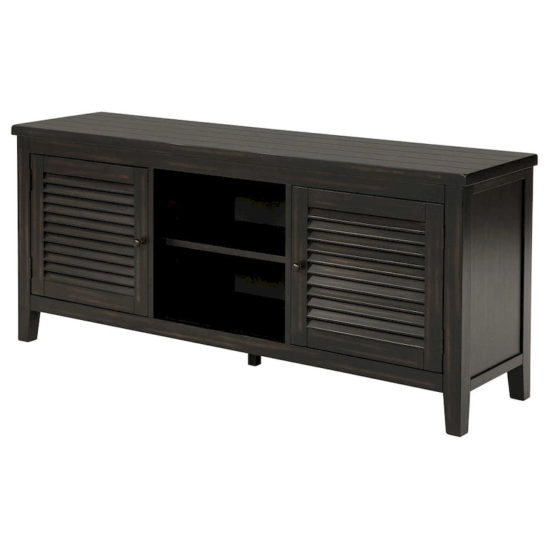 TV Stand Media Cabinet, 2 Door and Shelves, Black Wood 60 Inch