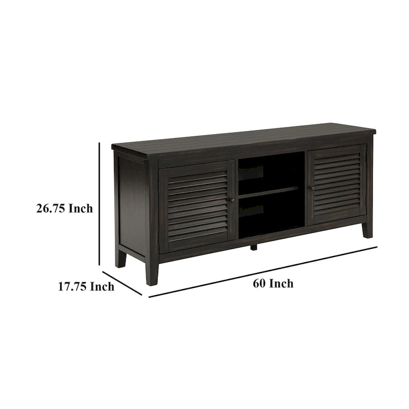 TV Stand Media Cabinet, 2 Door and Shelves, Black Wood 60 Inch
