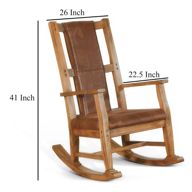 Schaukelstuhl mit Sitzfläche und Rückenlehne aus Kunstleder, rustikales Eichenbraun