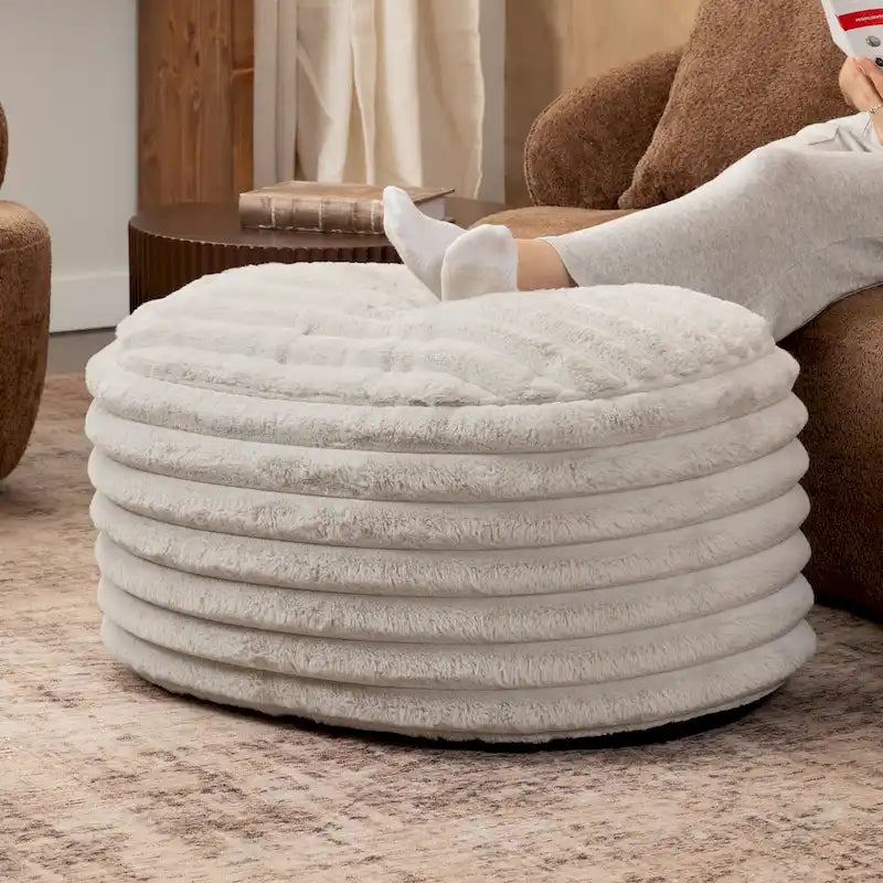 Large Faux Fur Ribbed Plush Pouf Ottoman - Gray