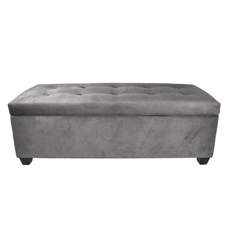 Button-Tufted Linen Storage Bench
