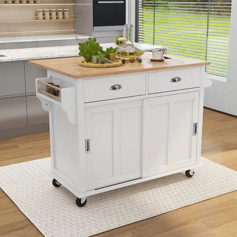 Kitchen Island Cart on 4 Wheels with Drop-Leaf Countertop & Sliding Barn Door