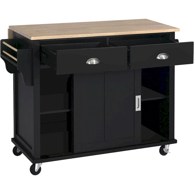 Kitchen Island Cart on 4 Wheels with Drop-Leaf Countertop & Sliding Barn Door