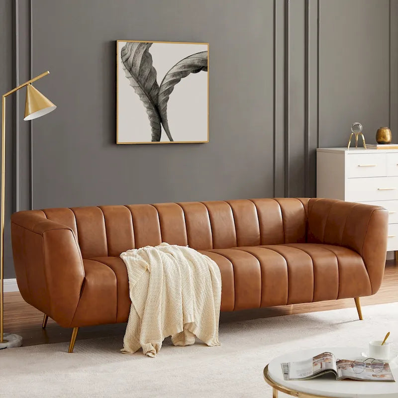 Mid Century Modern Upholstered Leather Couch in Cognac