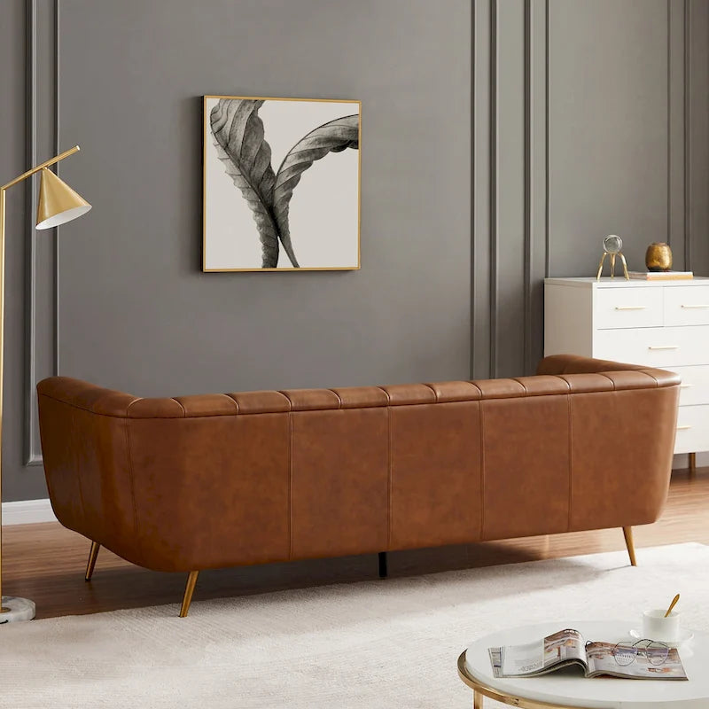 Mid Century Modern Upholstered Leather Couch in Cognac