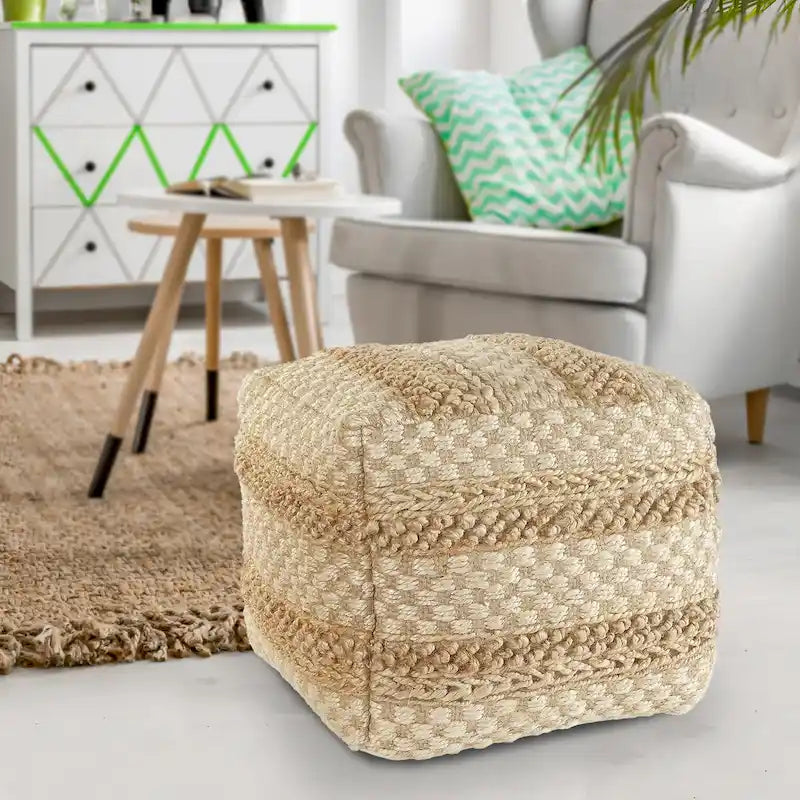 Karierter Pouf aus natürlicher Jute