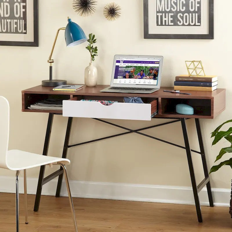 Mid-Century Desk with Drawer and Open Shelves