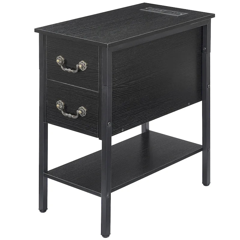 Nightstand with Charging Station, 2 USB Ports & 2 Power Outlets, 2-Drawer End Table with Storage Shelf