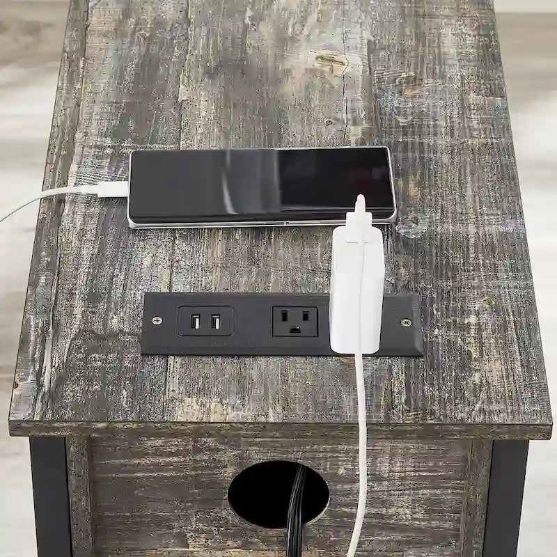 Nightstand with Charging Station, 2 USB Ports & 2 Power Outlets, 2-Drawer End Table with Storage Shelf