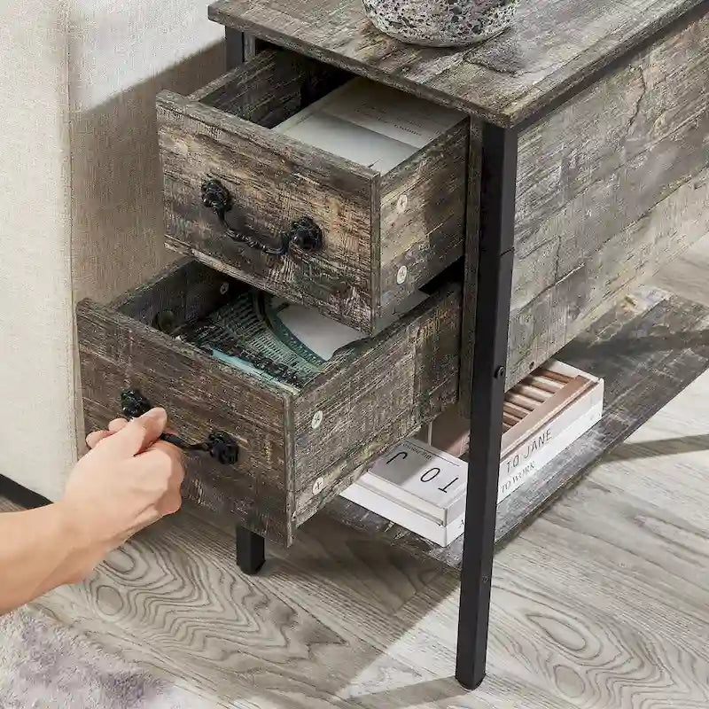 Nightstand with Charging Station, 2 USB Ports & 2 Power Outlets, 2-Drawer End Table with Storage Shelf