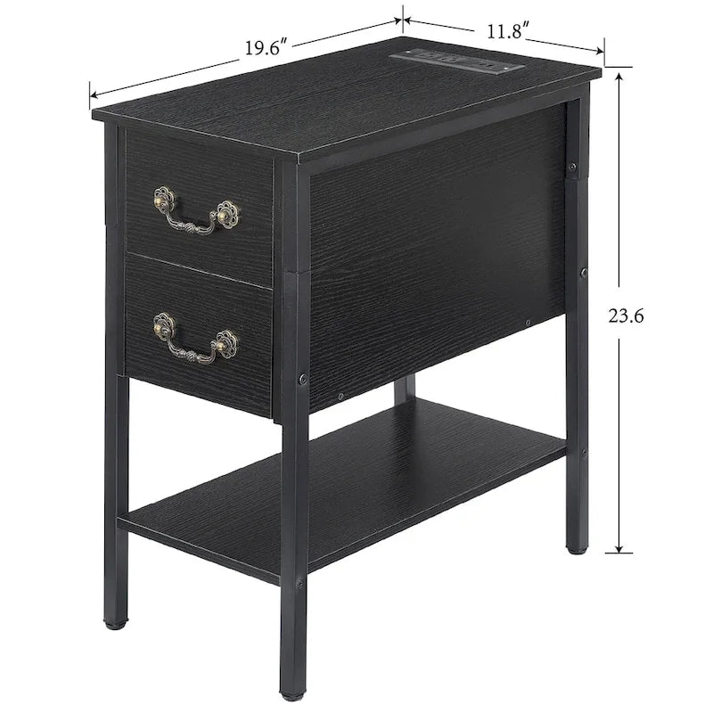 Nightstand with Charging Station, 2 USB Ports & 2 Power Outlets, 2-Drawer End Table with Storage Shelf