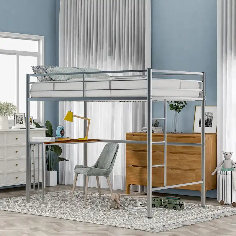Metal Loft Bed with Desk, Ladder and Guardrails