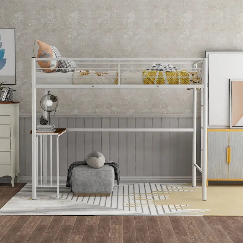 Metal Loft Bed with Desk, Ladder and Guardrails