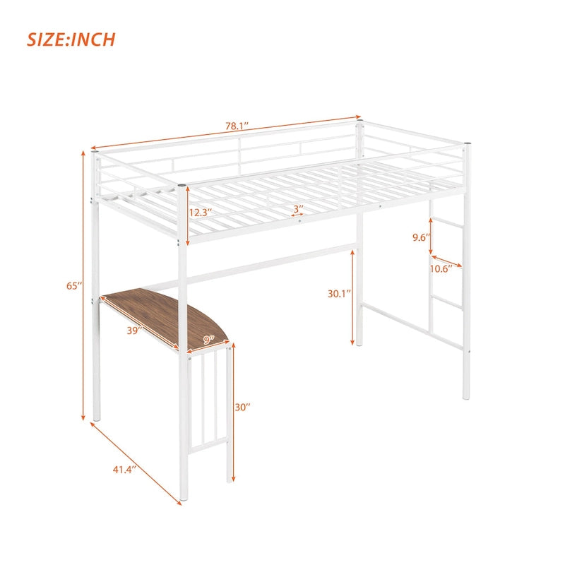 Metal Loft Bed with Desk, Ladder and Guardrails