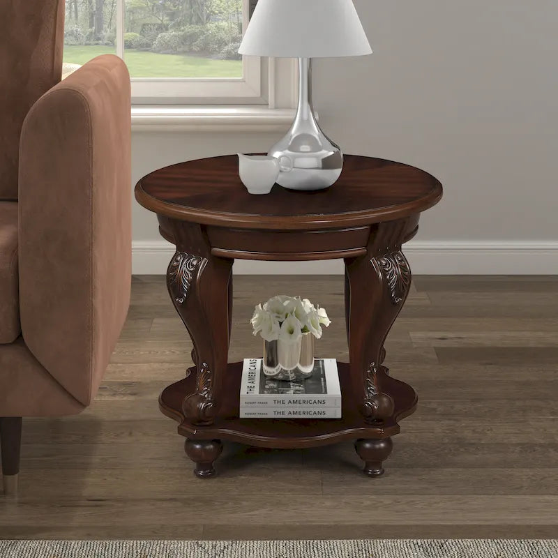 22" Retro Round End Table with Shelf, Solid Wood Sofa Side Table for Living Room