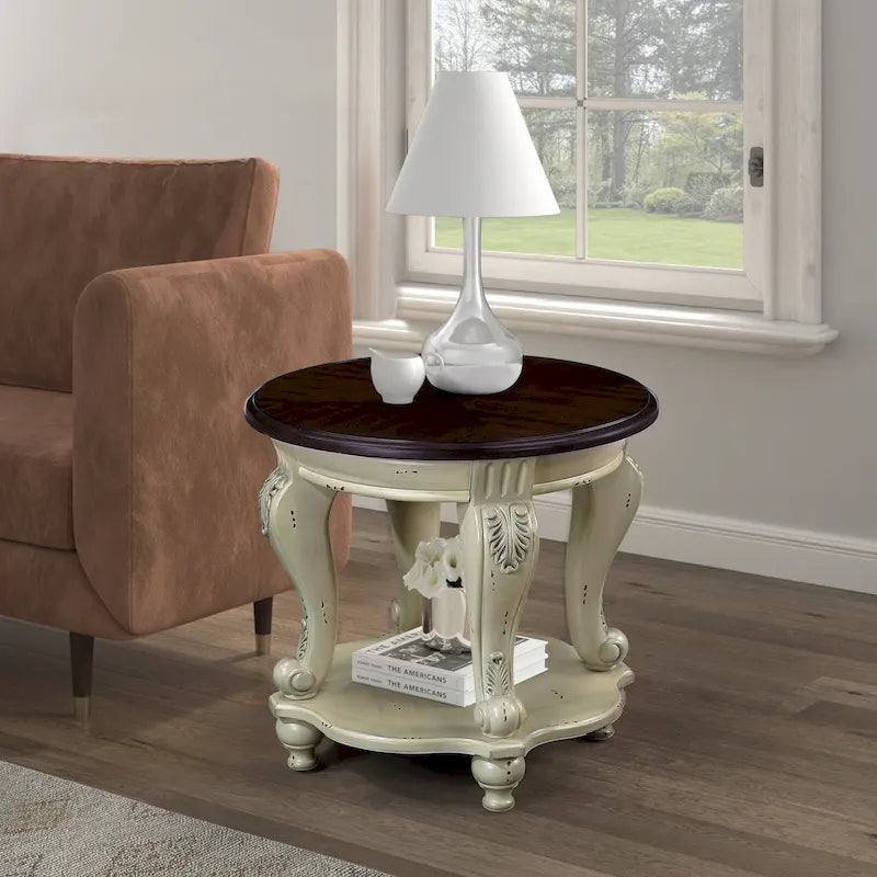 22" Retro Round End Table with Shelf, Solid Wood Sofa Side Table for Living Room