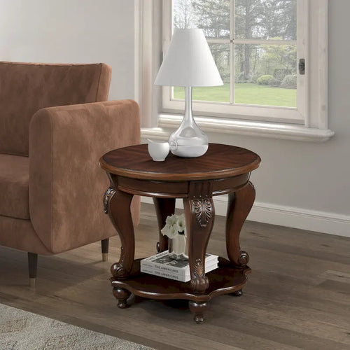 22" Retro Round End Table with Shelf, Solid Wood Sofa Side Table for Living Room
