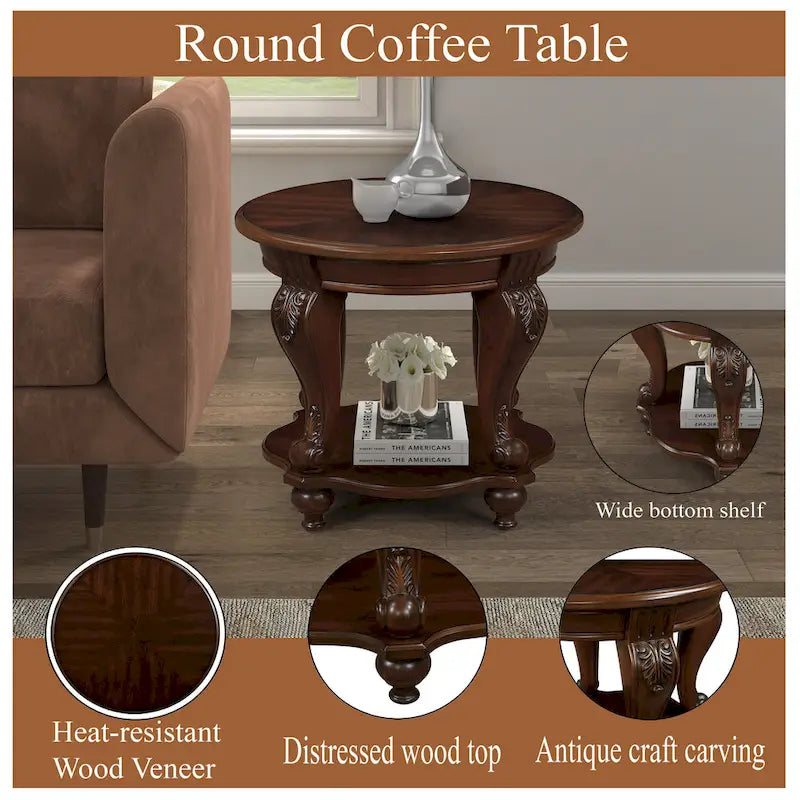 22" Retro Round End Table with Shelf, Solid Wood Sofa Side Table for Living Room