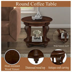 22" Retro Round End Table with Shelf, Solid Wood Sofa Side Table for Living Room