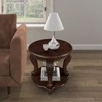 22" Retro Round End Table with Shelf, Solid Wood Sofa Side Table for Living Room