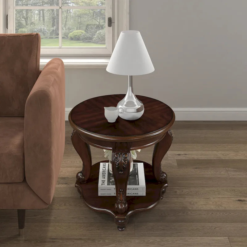 22" Retro Round End Table with Shelf, Solid Wood Sofa Side Table for Living Room