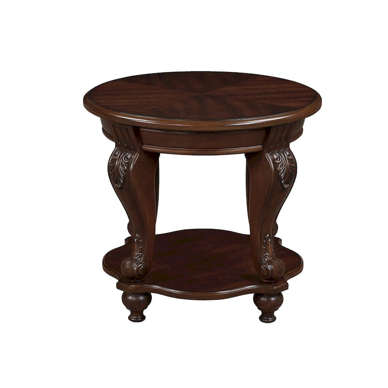 22" Retro Round End Table with Shelf, Solid Wood Sofa Side Table for Living Room