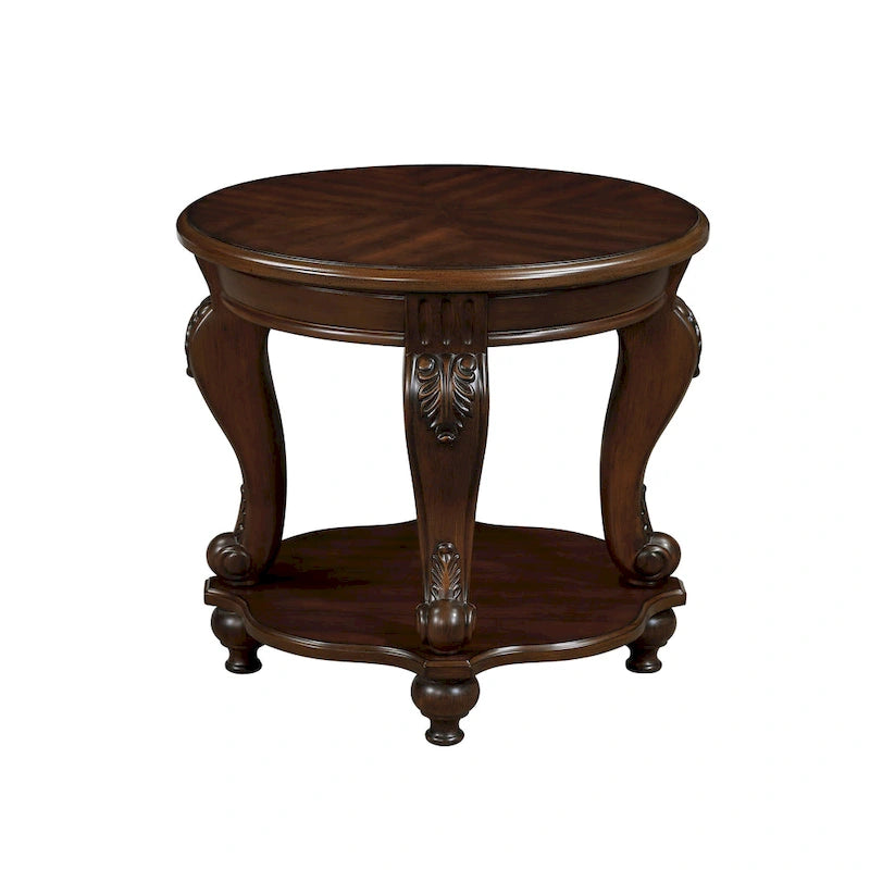 22" Retro Round End Table with Shelf, Solid Wood Sofa Side Table for Living Room