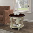 22" Retro Round End Table with Shelf, Solid Wood Sofa Side Table for Living Room