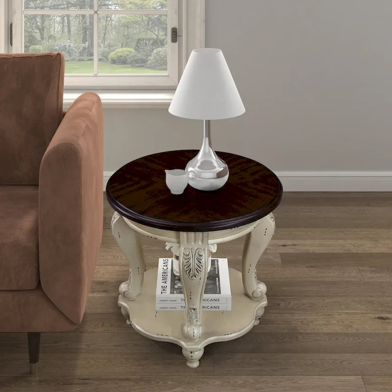 22" Retro Round End Table with Shelf, Solid Wood Sofa Side Table for Living Room