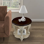22" Retro Round End Table with Shelf, Solid Wood Sofa Side Table for Living Room