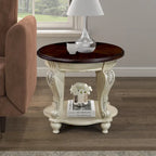 22" Retro Round End Table with Shelf, Solid Wood Sofa Side Table for Living Room