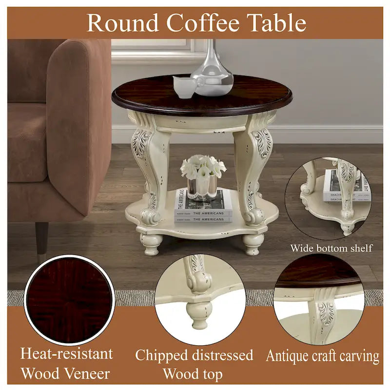 22" Retro Round End Table with Shelf, Solid Wood Sofa Side Table for Living Room