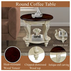 22" Retro Round End Table with Shelf, Solid Wood Sofa Side Table for Living Room