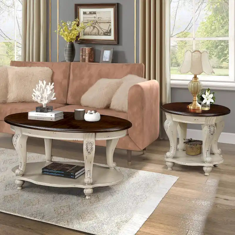 22" Retro Round End Table with Shelf, Solid Wood Sofa Side Table for Living Room