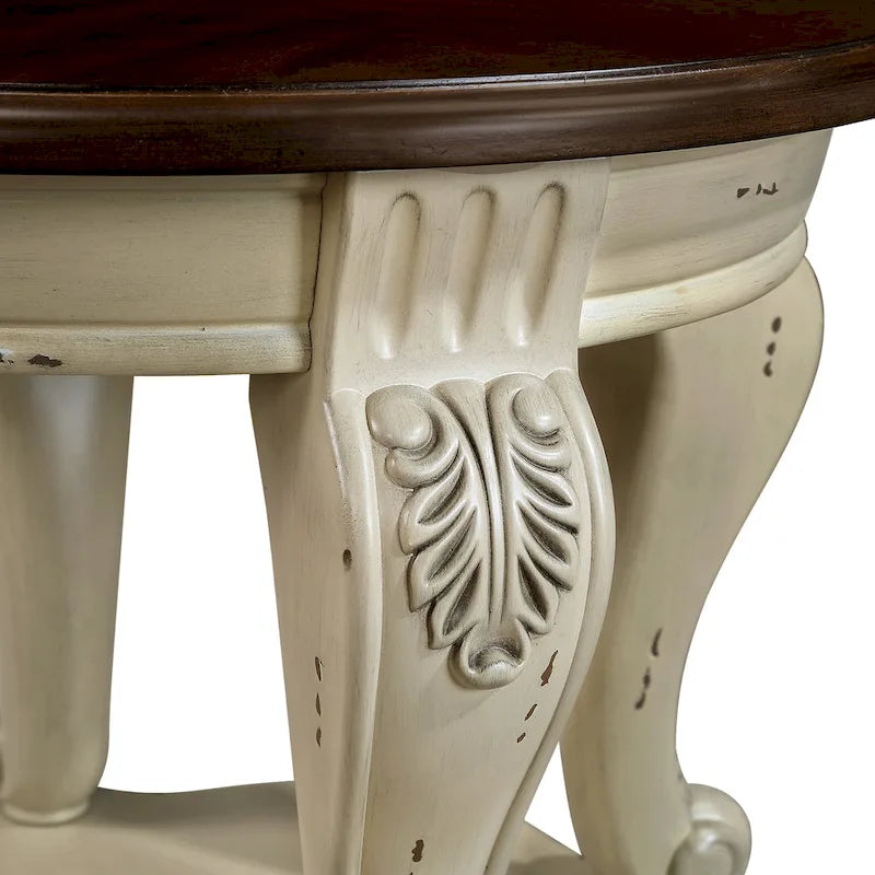 22" Retro Round End Table with Shelf, Solid Wood Sofa Side Table for Living Room