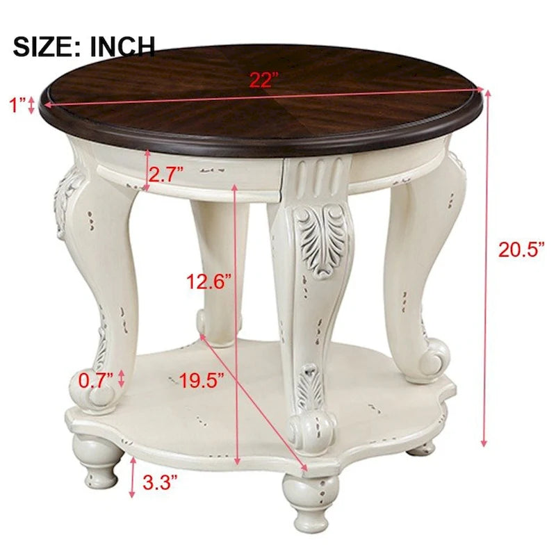 22" Retro Round End Table with Shelf, Solid Wood Sofa Side Table for Living Room