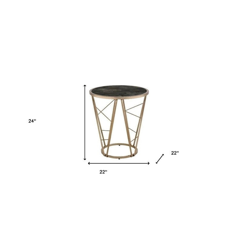 24" Champagne & Black Faux Marble Glass Round End Table - 22" x 22" x 24"