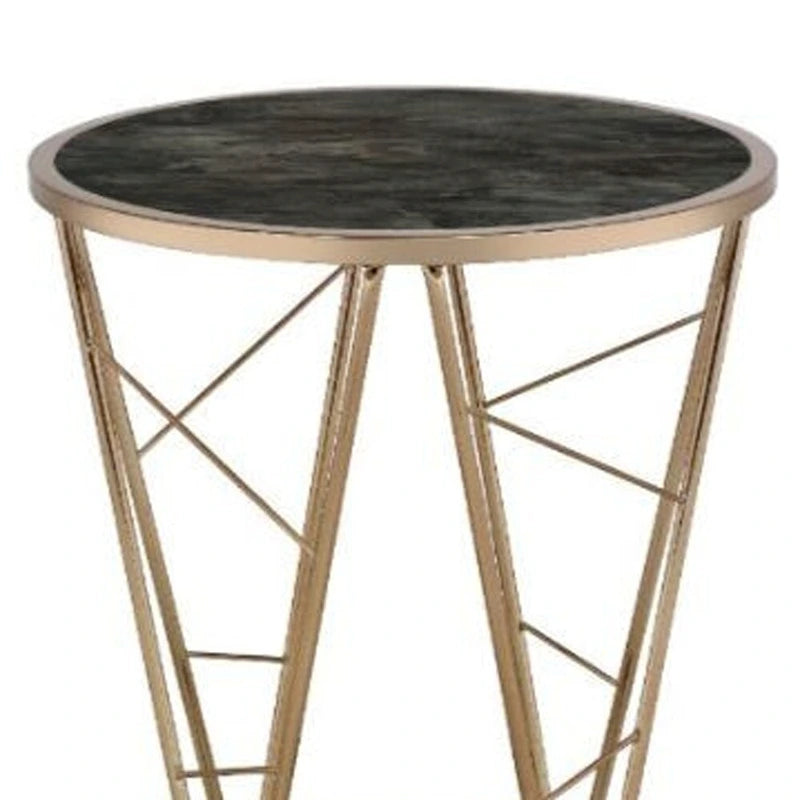 24" Champagne & Black Faux Marble Glass Round End Table - 22" x 22" x 24"