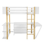 Hochbett aus Holz mit integriertem Stauraumschrank, Fächern und klappbarem Schreibtisch