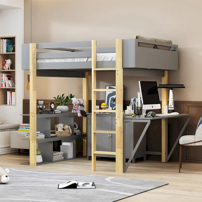 Hochbett aus Holz mit integriertem Stauraumschrank, Fächern und klappbarem Schreibtisch