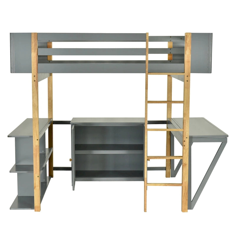 Hochbett aus Holz mit integriertem Stauraumschrank, Fächern und klappbarem Schreibtisch