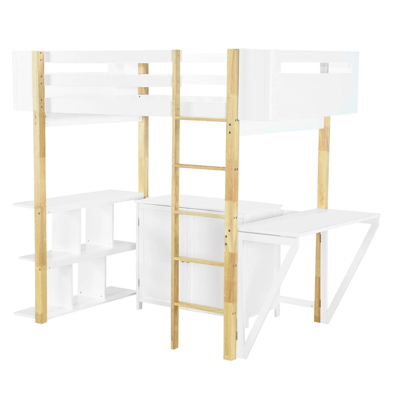 Hochbett aus Holz mit integriertem Stauraumschrank, Fächern und klappbarem Schreibtisch