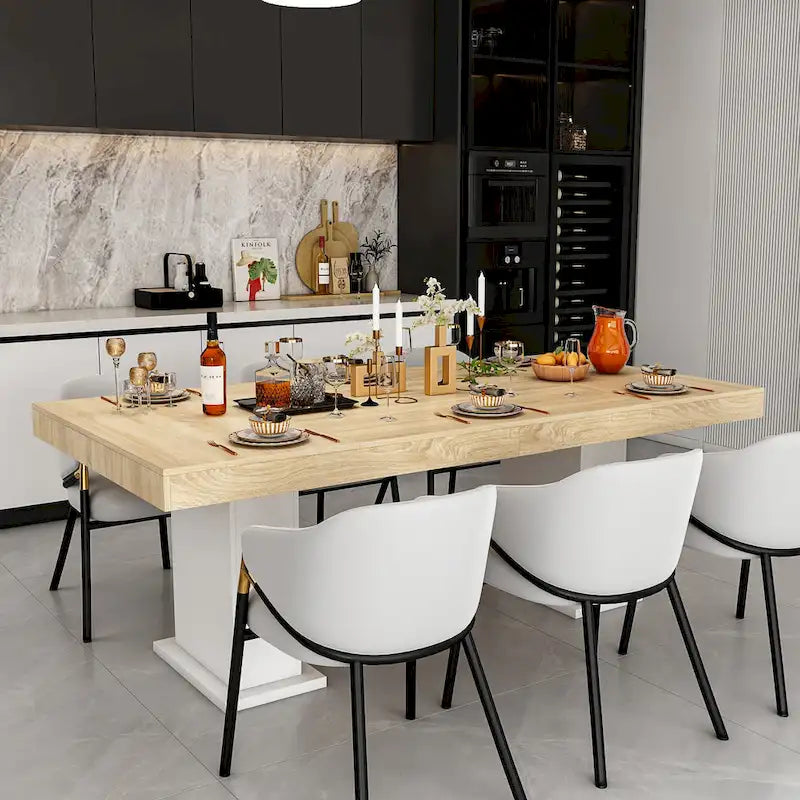 Wood Grain Tabletop with White Base – Dining, Conference & Office Desk