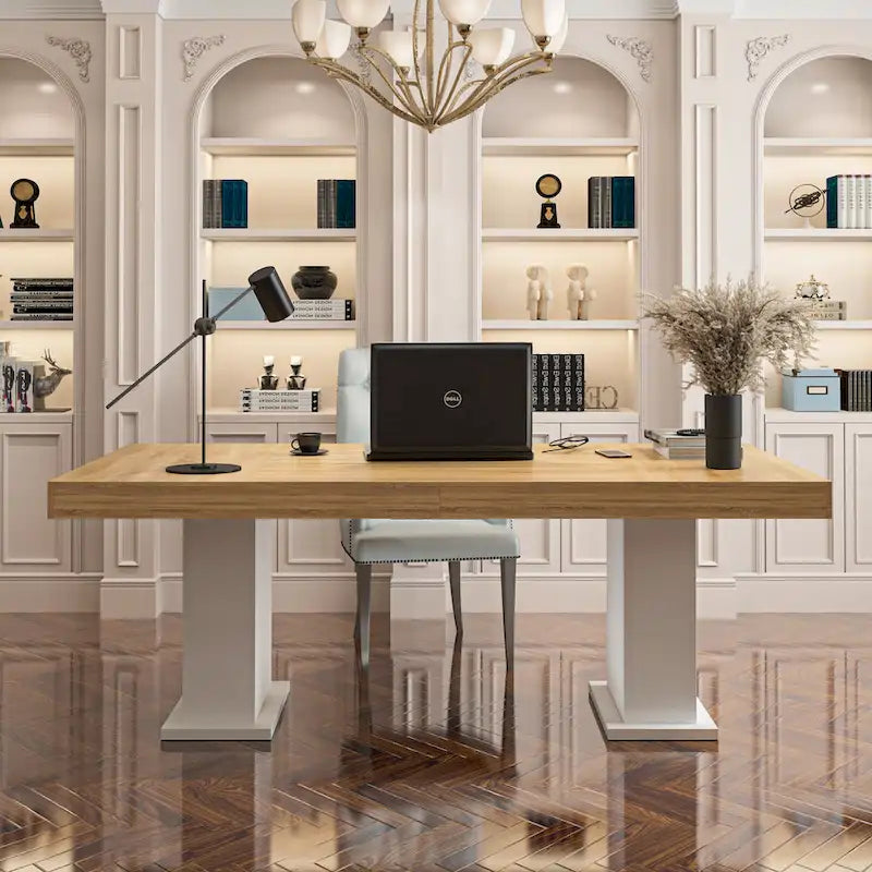 Wood Grain Tabletop with White Base – Dining, Conference & Office Desk