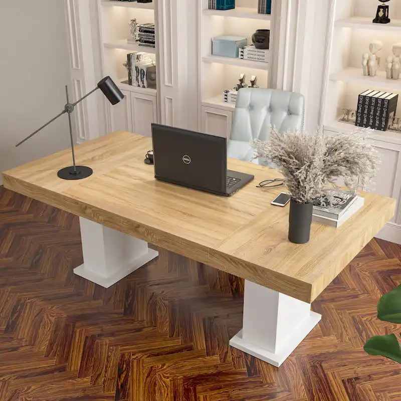 Wood Grain Tabletop with White Base – Dining, Conference & Office Desk