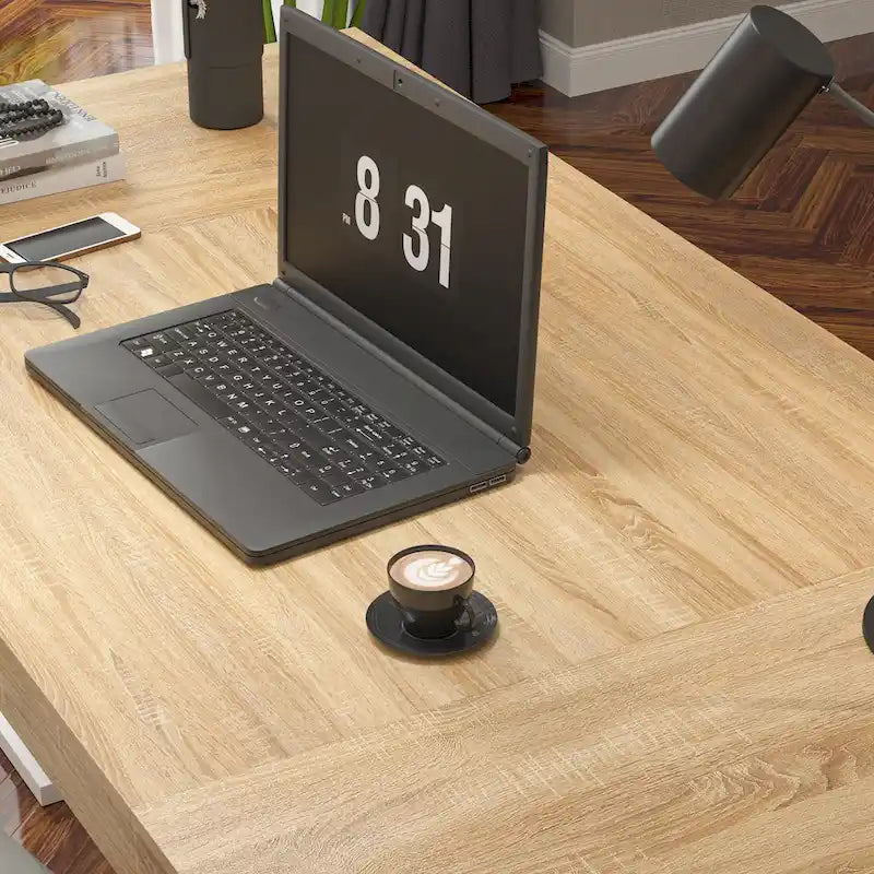 Wood Grain Tabletop with White Base – Dining, Conference & Office Desk