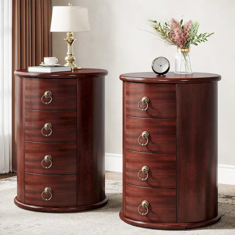 Round Solid Wood End Table with 4 Drawers, No Assembly Required