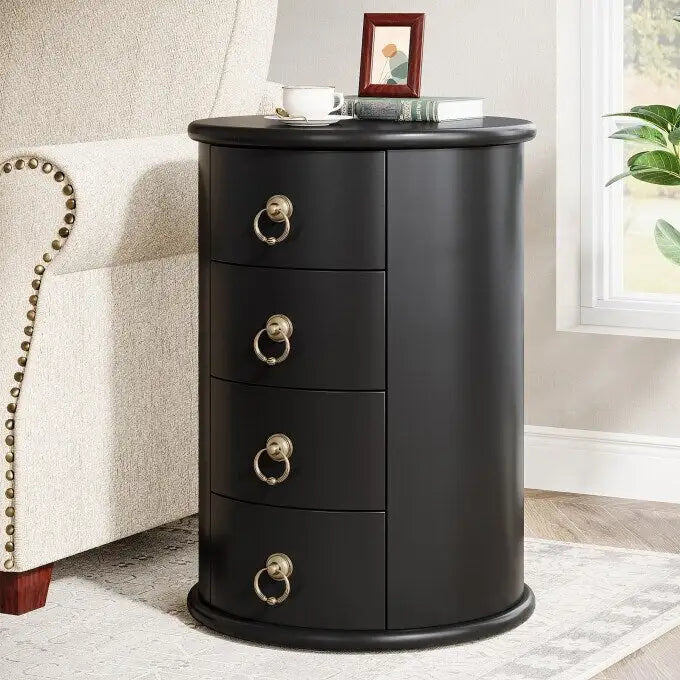 Round Solid Wood End Table with 4 Drawers, No Assembly Required